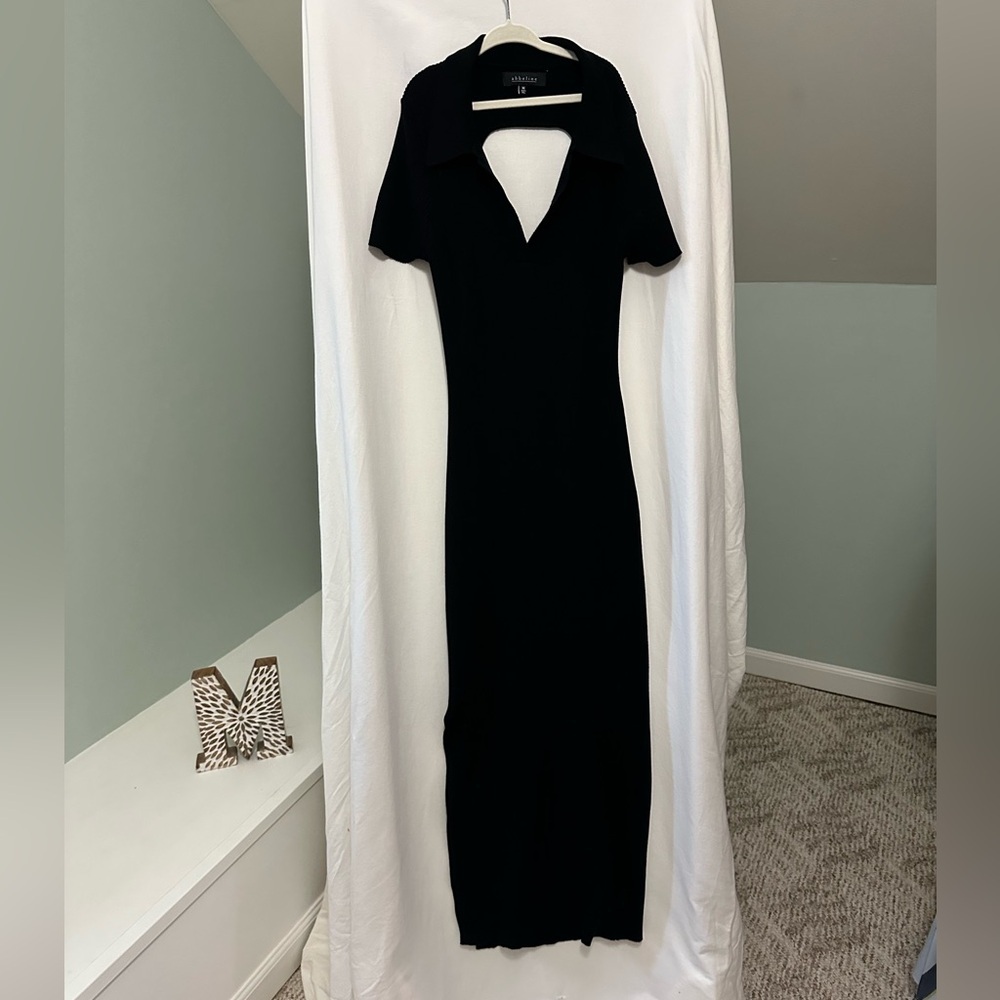 Abbeline Black Open Back Ribbed Knit Collard Dress Size Medium